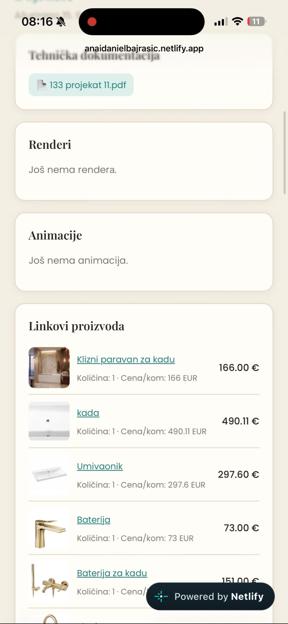 Aplikacija - linkovi proizvoda i tehnička dokumentacija, Šećerov Enterijer Studio
